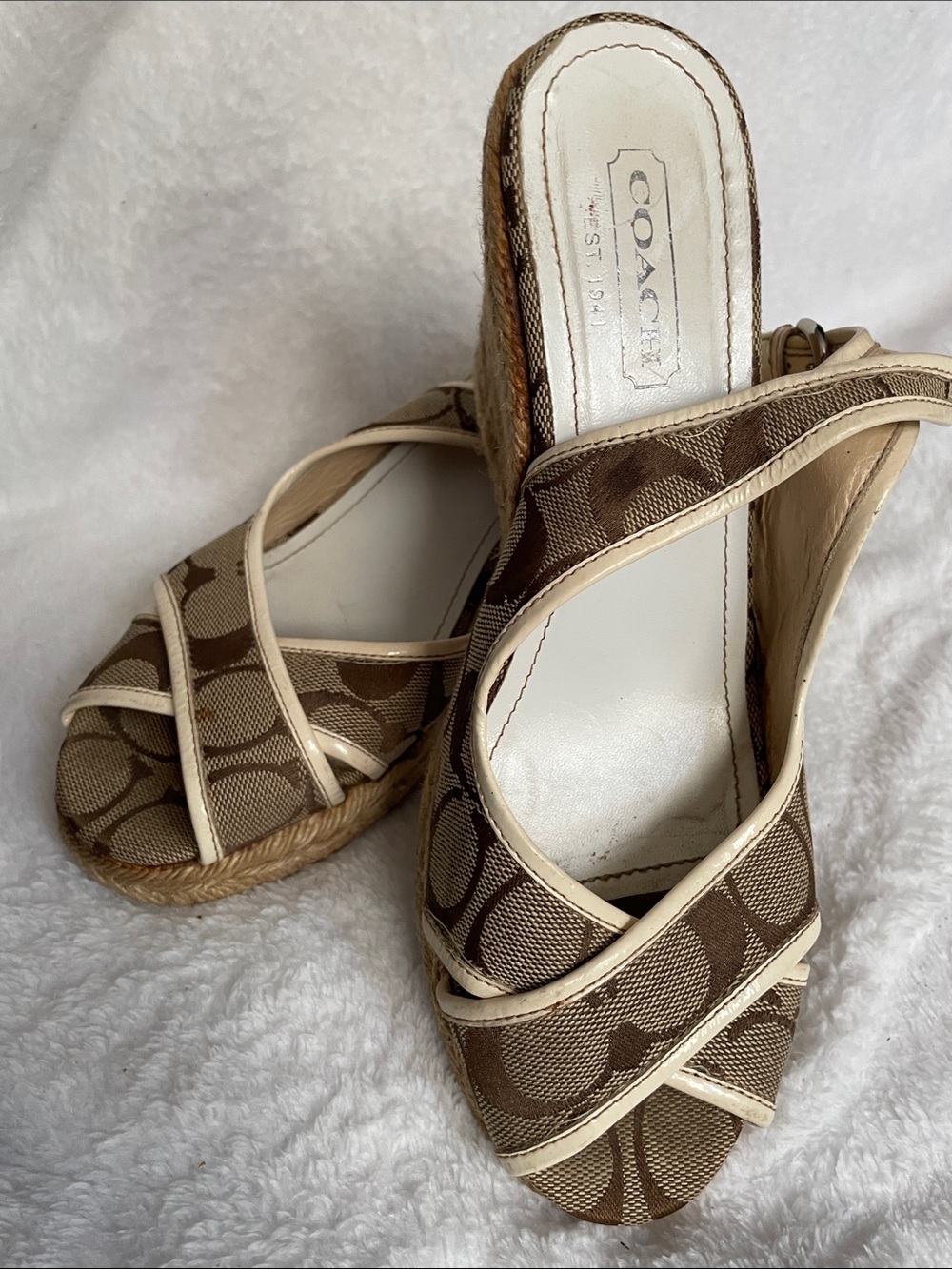 Coach Beige and Brown Signature Canvas Wedge Sandals - Picture 7 of 7